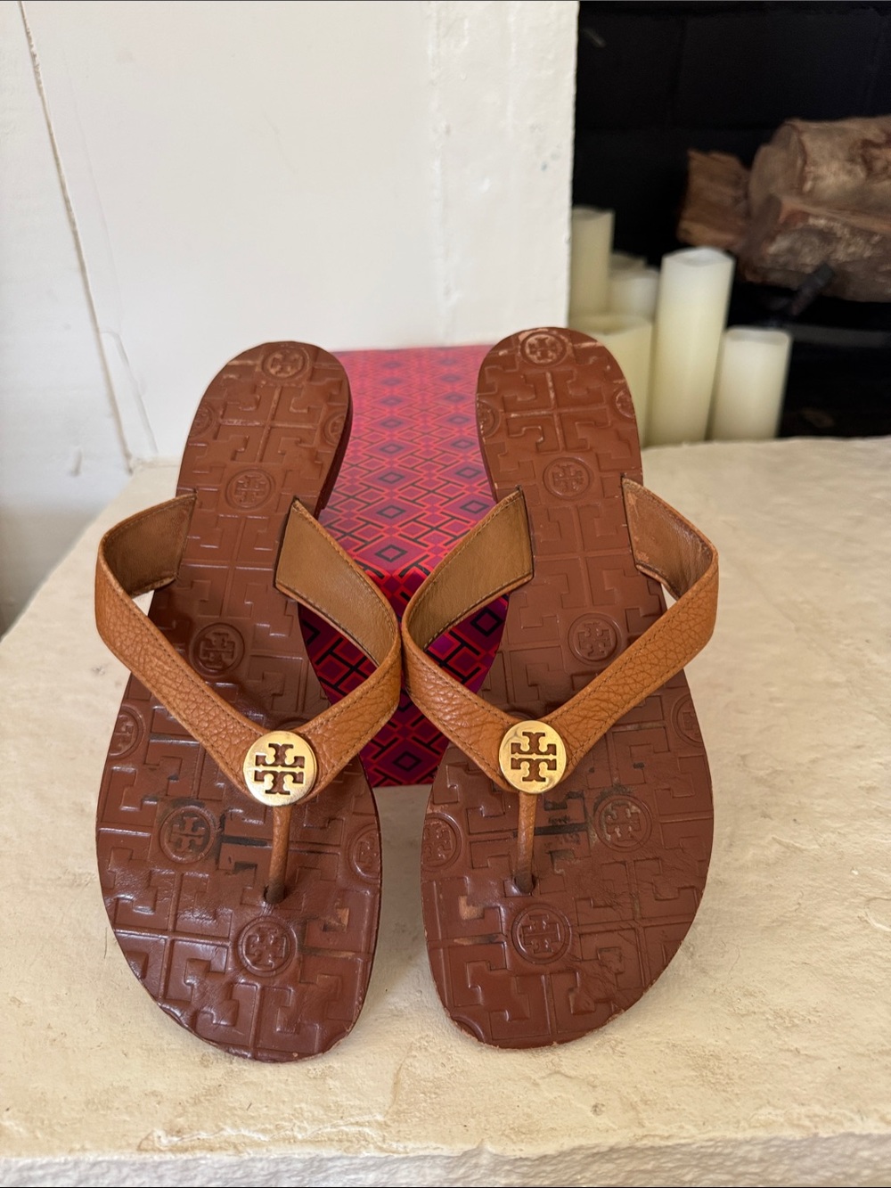 Tory Burch Tan Leather Logo Thong Sandals with Gold Medallions